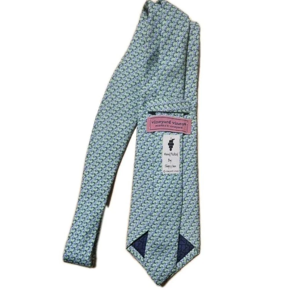 Vineyard Vines Bird Print Silk Tie Green Blue Made USA Shep & Ian